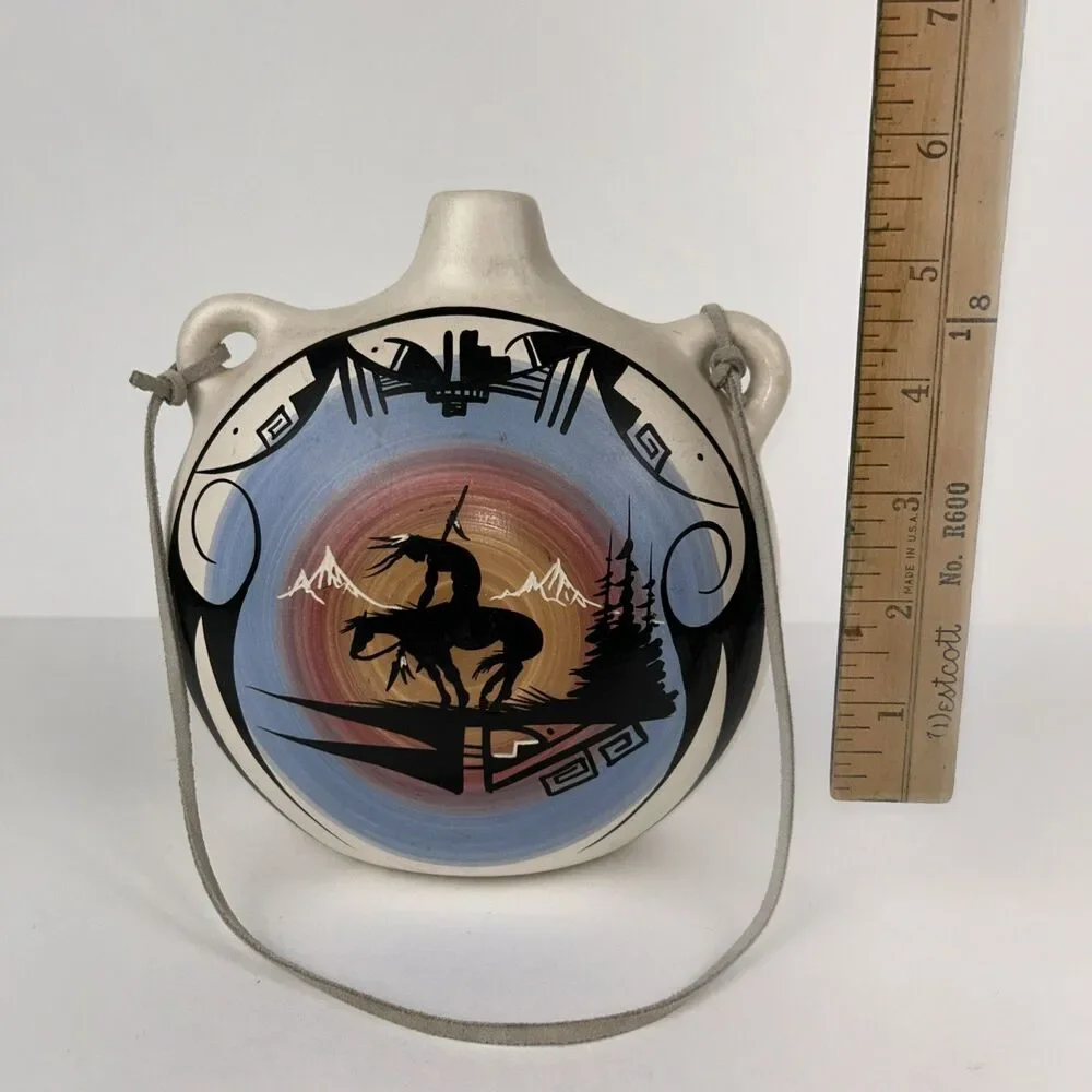 END  Of TRAIL  SOUTHWESTERN CLAY CANTEEN POTTERY TURQUOISE NEZ NAVAJO 7”